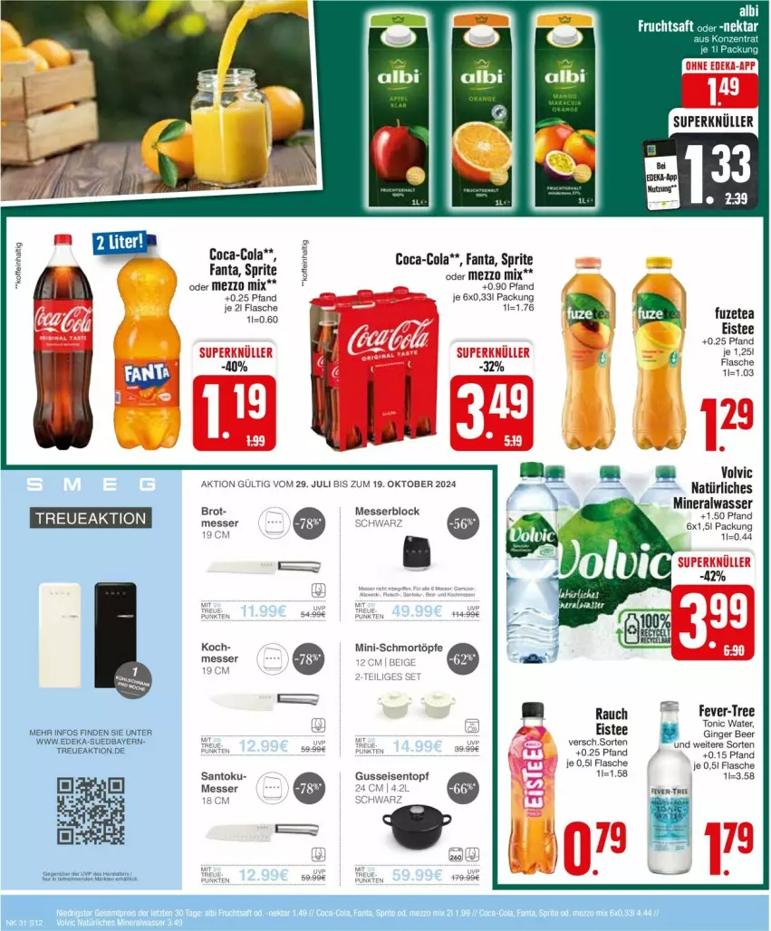 Aktueller Prospekt Edeka - Prospekte - von 29.07 bis 03.08.2024 - strona 12 - produkty: Alwa, brot, coca-cola, cola, eis, eistee, erde, fanta, fever-tree, flasche, fuzetea, messer, messerblock, Mezzo Mix, mineralwasser, natürliches mineralwasser, Nektar, Rauch, sprite, tee, Ti, tonic, tonic water, topf, volvic, wasser