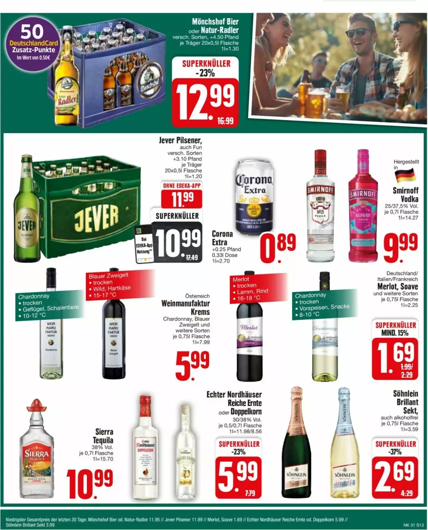 Aktueller Prospekt Edeka - Prospekte - von 29.07 bis 03.08.2024 - strona 13 - produkty: alkohol, auer, chardonnay, corona, corona extra, doppelkorn, Faktu, flasche, jever, jever pilsener, korn, merl, merlot, pils, pilsener, radler, sekt, smirnoff, söhnlein, tequila, Ti, wein, Zweigelt