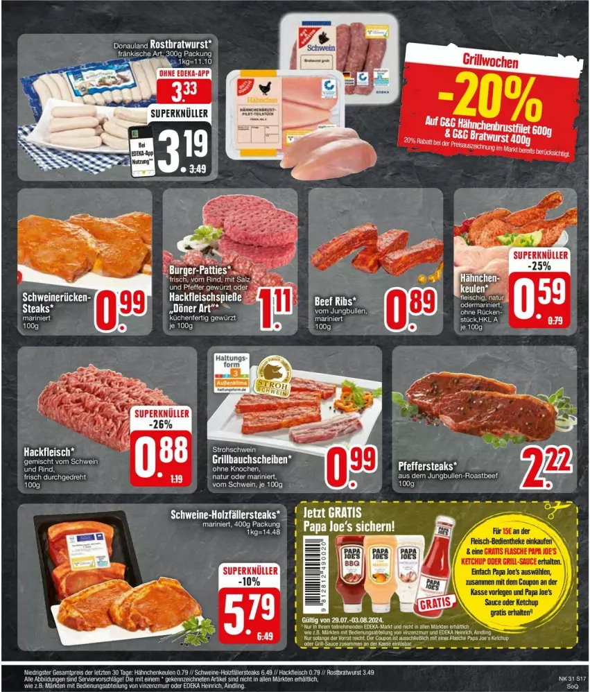 Aktueller Prospekt Edeka - Prospekte - von 29.07 bis 03.08.2024 - strona 17 - produkty: Bau, bauchscheiben, beef, bratwurst, coupon, deka, eis, fleisch, Fleischspieße, grill, Grillbauch, hackfleisch, Holz, holzfällersteaks, jungbullen, ketchup, LG, natur, natura, reis, rel, roastbeef, rostbratwurst, sauce, schwein, schweine, steak, steaks, tee, Ti, wein, weine, wurst, ZTE