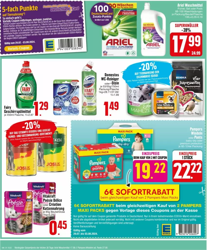 Aktueller Prospekt Edeka - Prospekte - von 29.07 bis 03.08.2024 - strona 22 - produkty: ariel, beutel, coupon, deka, deutschlandcard, domestos, eis, fairy, flasche, geschirr, geschirrspülmittel, katzennahrung, kraft, pampers, reiniger, reis, sofortrabatt, spülmittel, Ti, tiernahrung, tuc