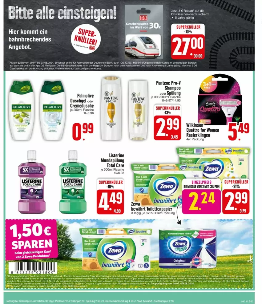 Aktueller Prospekt Edeka - Prospekte - von 29.07 bis 03.08.2024 - strona 23 - produkty: angebot, coupon, creme, cremedusche, dusche, duschgel, eis, ente, flasche, listerine, mundspülung, olive, palmolive, pantene, pantene pro-v, papier, pro-v, Rasierklinge, rasierklingen, reis, shampoo, spülung, Ti, toilettenpapier, total care, wilkinson