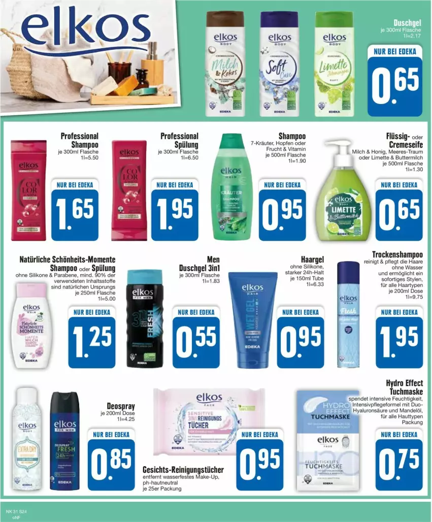 Aktueller Prospekt Edeka - Prospekte - von 29.07 bis 03.08.2024 - strona 24 - produkty: butter, buttermilch, creme, cremeseife, deka, deo, deospray, duschgel, Effect, elkos, ente, flasche, honig, kräuter, limette, Make-up, mandel, Mandelöl, Maske, Mett, milch, Reinigung, reinigungstücher, rwe, Seife, shampoo, shampoo oder spülung, spülung, Ti, Trockenshampoo, tuc, tücher, tuchmaske, wasser