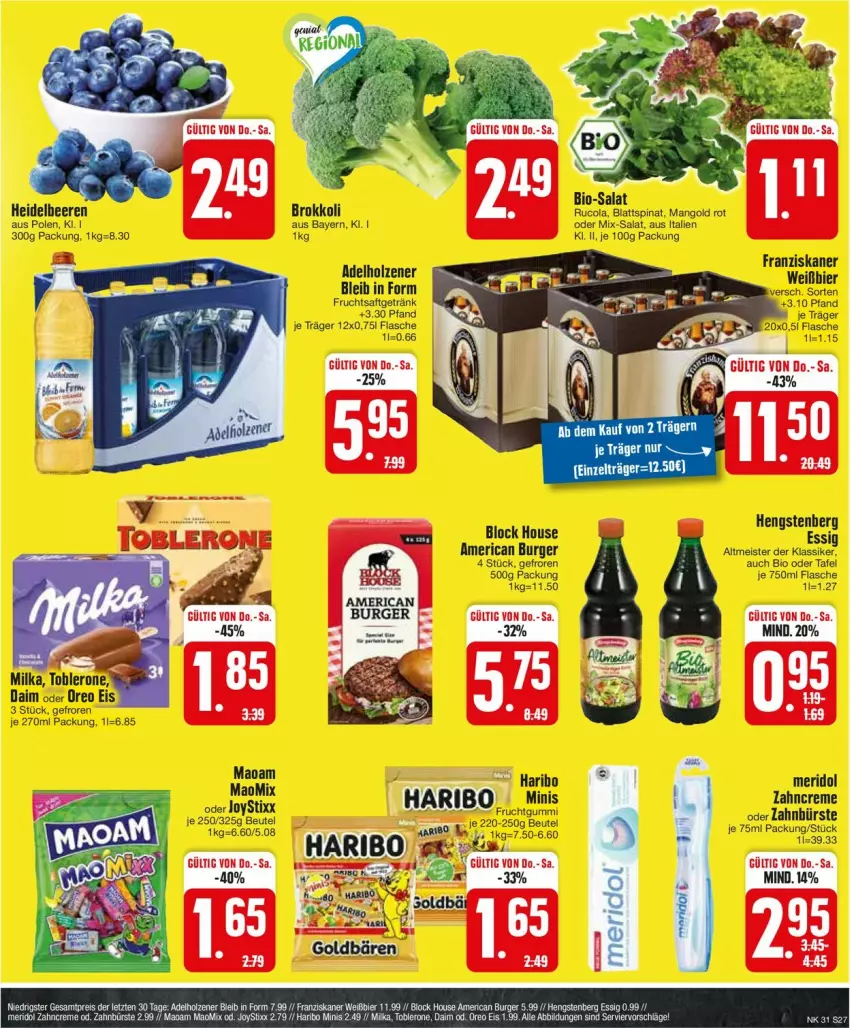 Aktueller Prospekt Edeka - Prospekte - von 29.07 bis 03.08.2024 - strona 27 - produkty: adelholzener, bier, burger, bürste, creme, daim, eis, essig, franziskaner, haribo, hengstenberg, Holz, maoam, meridol, milka, oreo, reis, Ti, toblerone, zahnbürste, zahncreme, ZTE