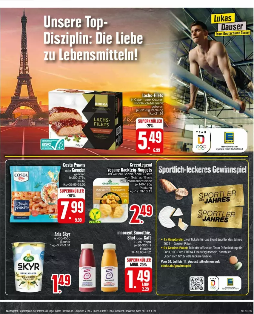 Aktueller Prospekt Edeka - Prospekte - von 29.07 bis 03.08.2024 - strona 3 - produkty: buch, eis, elle, filet, filets, garnelen, gutschein, Innocent, knoblauch, kräuter, lachs, marinade, oder kräuter, prawns, reis, saft, smoothie, soja, Ti, Yo, ZTE