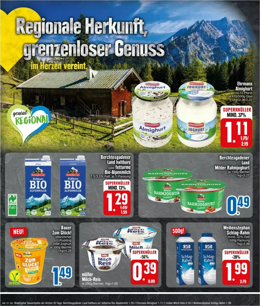 Aktueller Prospekt Edeka - Prospekte - von 29.07 bis 03.08.2024 - strona 6 - produkty: almighur, almighurt, alpenmilch, auer, Bau, Bauer, Becher, bio, ehrmann, ehrmann almighurt, eier, eis, joghur, joghurt, milch, Müller, pudding, rahmjoghurt, reis, weihenstephan, ZTE