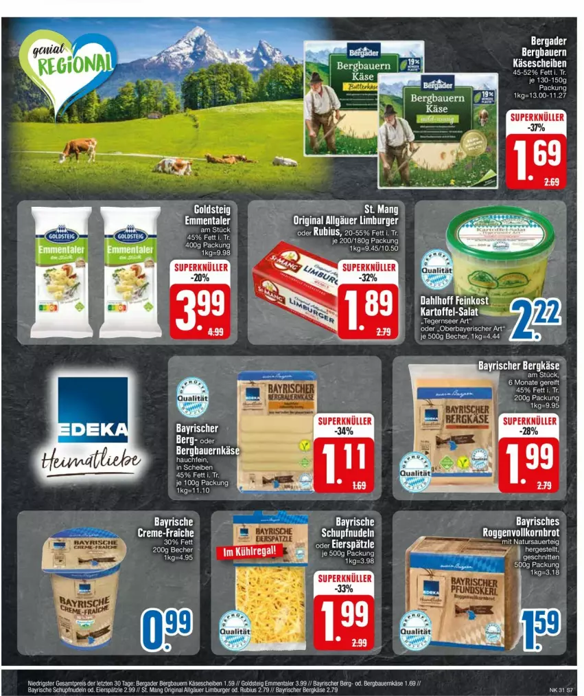 Aktueller Prospekt Edeka - Prospekte - von 29.07 bis 03.08.2024 - strona 7 - produkty: auer, Bau, Bauer, Becher, bergader, burger, creme, eis, emmentaler, ente, feinkost, gin, goldsteig, kartoffel, Käse, käsescheiben, kühlregal, LG, Limburger, natur, pilze, regal, reis, salat, ZTE