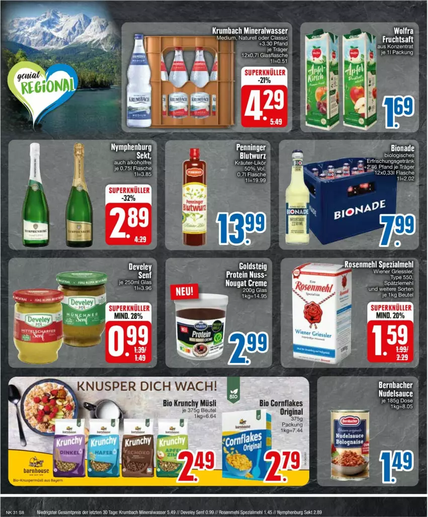 Aktueller Prospekt Edeka - Prospekte - von 29.07 bis 03.08.2024 - strona 8 - produkty: Alwa, bernbacher, beutel, bio, creme, develey, eis, flasche, frucht, fruchtsaft, goldsteig, kräuter, krumbach, likör, mehl, mineralwasser, Mineralwasser Medium, müsli, natur, nougat creme, reis, rel, rosen, Rosenmehl, rum, saft, sekt, senf, Spezi, tee, wasser, wiener, ZTE