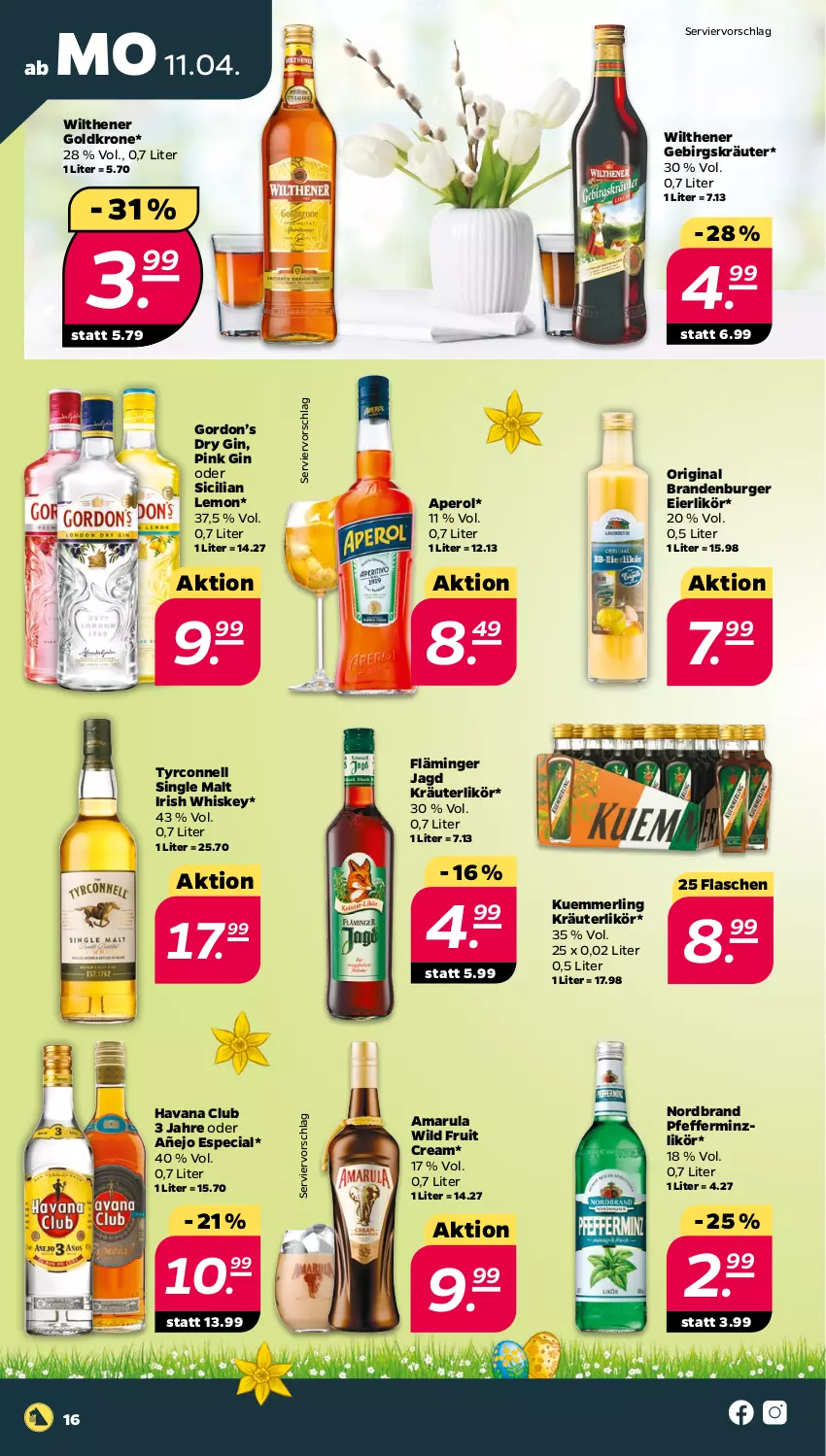 Aktueller Prospekt Netto - Angebote ab Montag - von 11.04 bis 16.04.2022 - strona 16 - produkty: amarula, aperol, burger, dry gin, eier, eierlikör, flasche, gin, goldkrone, gordon, Gordon’s, Havana Club, irish whiskey, kräuter, kräuterlikör, krone, kuemmerling, likör, merl, nordbrand, pfeffer, pfefferminzlikör, single malt, Ti, whiskey, Wild, wilthener, Wilthener Goldkrone