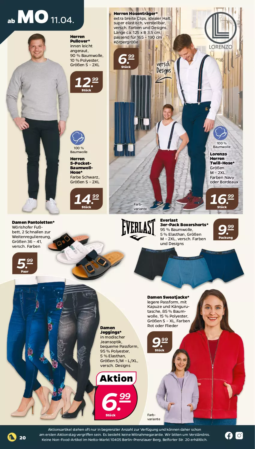 Aktueller Prospekt Netto - Angebote ab Montag - von 11.04 bis 16.04.2022 - strona 20 - produkty: asti, auer, Bau, baumwolle, bett, Brei, flieder, gin, hose, hosen, Jacke, jeans, lorenz, pantolette, pantoletten, Pullover, Ria, shorts, sweatjacke, Tasche, Ti, tisch, wolle, ZTE