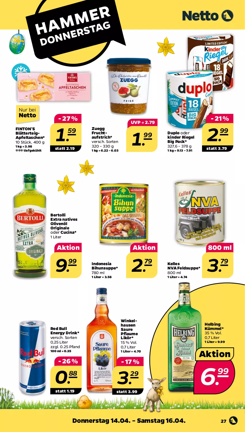 Aktueller Prospekt Netto - Angebote ab Montag - von 11.04 bis 16.04.2022 - strona 27 - produkty: apfel, Apfeltasche, aufstrich, bertolli, blätterteig, cin, drink, duplo, elle, energy drink, frucht, fruchtaufstrich, gin, Kinder, kinder riegel, likör, natives olivenöl, olive, oliven, olivenöl, pflaume, red bull, riegel, suppe, Tasche, taschen, Ti, winkelhausen, zuegg