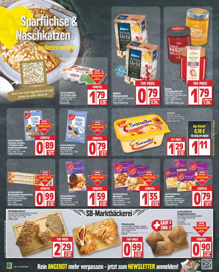 Aktueller Prospekt Edeka - Angebote der Woche - von 09.10 bis 14.10.2023 - strona 10 - produkty: aufstrich, Becher, beutel, braten, brot, brötchen, discount, eis, elle, frucht, fruchtaufstrich, HP, Käse, kokos, Kürbis, kürbiskerne, LG, mandel, mandeln, margarine, natur, papier, pizza, reis, roggenbrötchen, rum, rwe, saft, schoko, schokolade, Spezi, stifte, Tasche, Ti, top-preis, type 405, ZTE, zucker