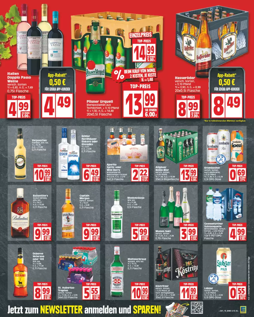 Aktueller Prospekt Edeka - Angebote der Woche - von 09.10 bis 14.10.2023 - strona 13 - produkty: Alwa, aqua, aquavit, ball, bier, blended scotch, blended scotch whisky, bügel, bügelflasche, Cap, doppio passo, eier, eis, flasche, gin, hasseröder, korn, krombache, krombacher, LG, malteser, mineralwasser, moskovskaya, mumm, osborne, passo, Popp, reis, scotch, scotch whisky, sekt, tee, Ti, top-preis, veterano, vodka, wasser, whisky, ZTE