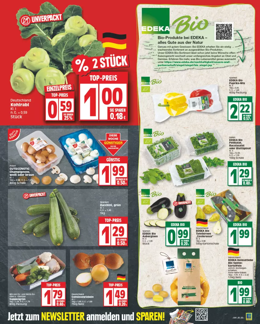 Aktueller Prospekt Edeka - Angebote der Woche - von 09.10 bis 14.10.2023 - strona 3 - produkty: angebot, ball, bio, Birnen, blattspinat, braun, champignon, champignons, cola, deka, edeka bio, eis, feldsalat, Gemüsezwiebel, gin, kartoffel, kartoffeln, lebensmittel, LG, mac, natur, nuss, obst, paprika, reis, rucola, salat, Schal, Schale, spinat, tafelbirnen, Ti, ZTE, zucchini, zwiebel, zwiebeln