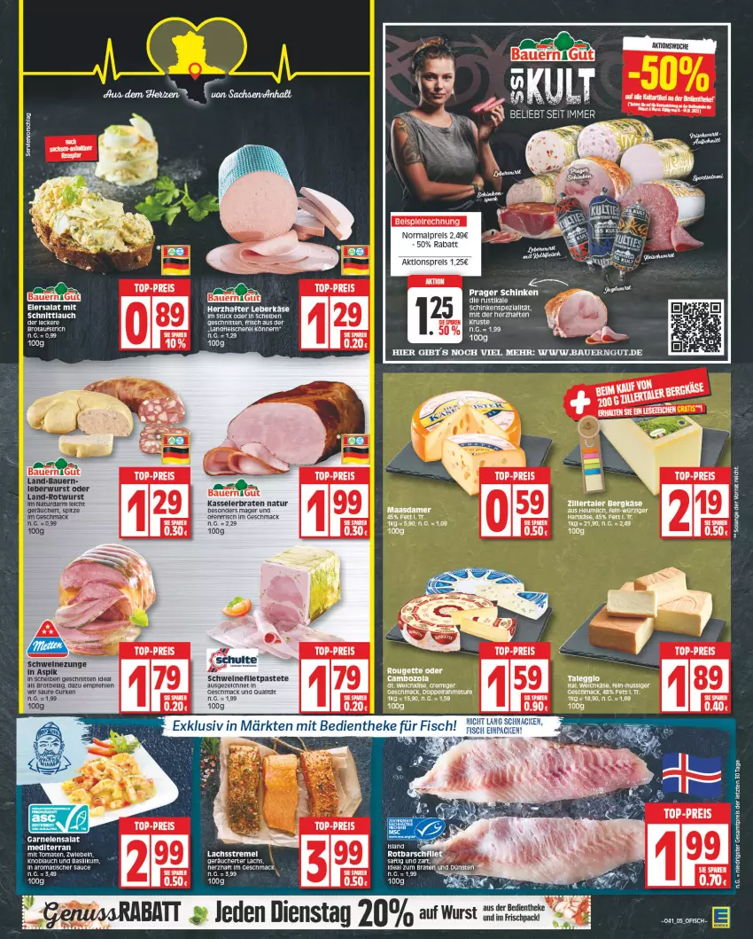 Aktueller Prospekt Edeka - Angebote der Woche - von 09.10 bis 14.10.2023 - strona 5 - produkty: aktionspreis, auer, aufstrich, basilikum, Bau, Bauer, bauerngut, Bergkäse, braten, brot, brotaufstrich, cambozola, eis, fisch, fleisch, garnelen, gurke, gurken, hartkäse, Heu, HP, Käse, kasseler, Kasselerbraten, knoblauch, lachs, leberwurst, LG, Maasdam, maasdamer, mac, natur, nuss, Ofen, pastete, reis, rel, Rotwurst, saft, salat, sauce, Schere, schinken, schnitten, schnittlauch, schwein, schweine, Schweinezunge, Spezi, Ti, tisch, tomate, tomaten, top-preis, wein, weine, wurst, ZTE, zwiebel, zwiebeln