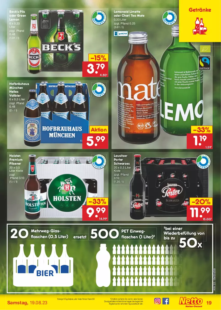 Aktueller Prospekt Netto Marken-Discount - Filial-Angebote - von 14.08 bis 19.08.2023 - strona 21 - produkty: angebot, bestpreis, bier, eis, elle, flasche, getränk, getränke, glasflasche, holsten, limette, Mett, pils, pilsener, premium pils, reis, rwe, Ti, ZTE