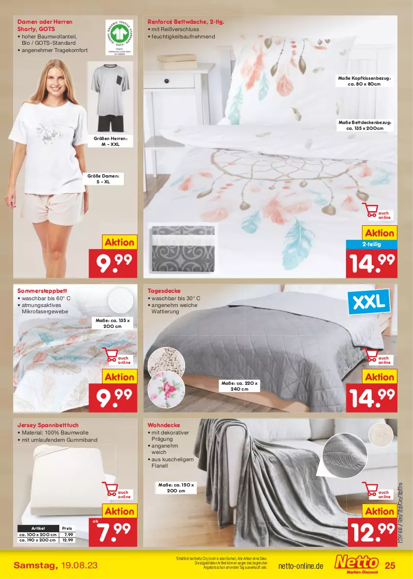 Aktueller Prospekt Netto Marken-Discount - Filial-Angebote - von 14.08 bis 19.08.2023 - strona 29 - produkty: angebot, Bau, baumwolle, bett, Betttuch, bettwäsche, bio, decke, eis, kissen, Kissenbezug, kopfkissen, kopfkissenbezug, Laufen, LG, mikrofaser, reis, Ria, shorty, spannbetttuch, steppbett, tagesdecke, Ti, tuc, wolle, ZTE