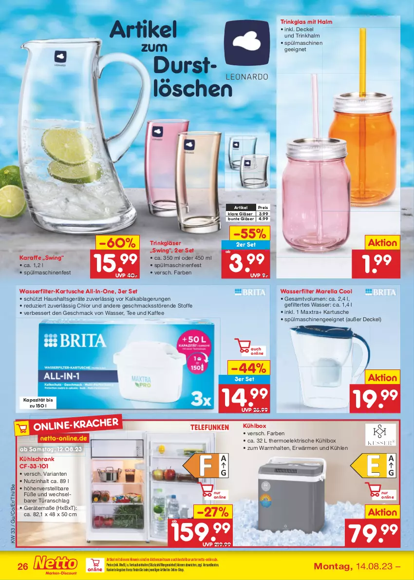 Aktueller Prospekt Netto Marken-Discount - Filial-Angebote - von 14.08 bis 19.08.2023 - strona 30 - produkty: decke, Deckel, eis, Gläser, Haushaltsgeräte, kaffee, Karaffe, kühlbox, kühlschrank, mac, Maxtra, ndk, reis, rel, Ria, Schrank, spülmaschinen, tee, Ti, trinkglas, wasser, wasserfilter, wasserfilter marella