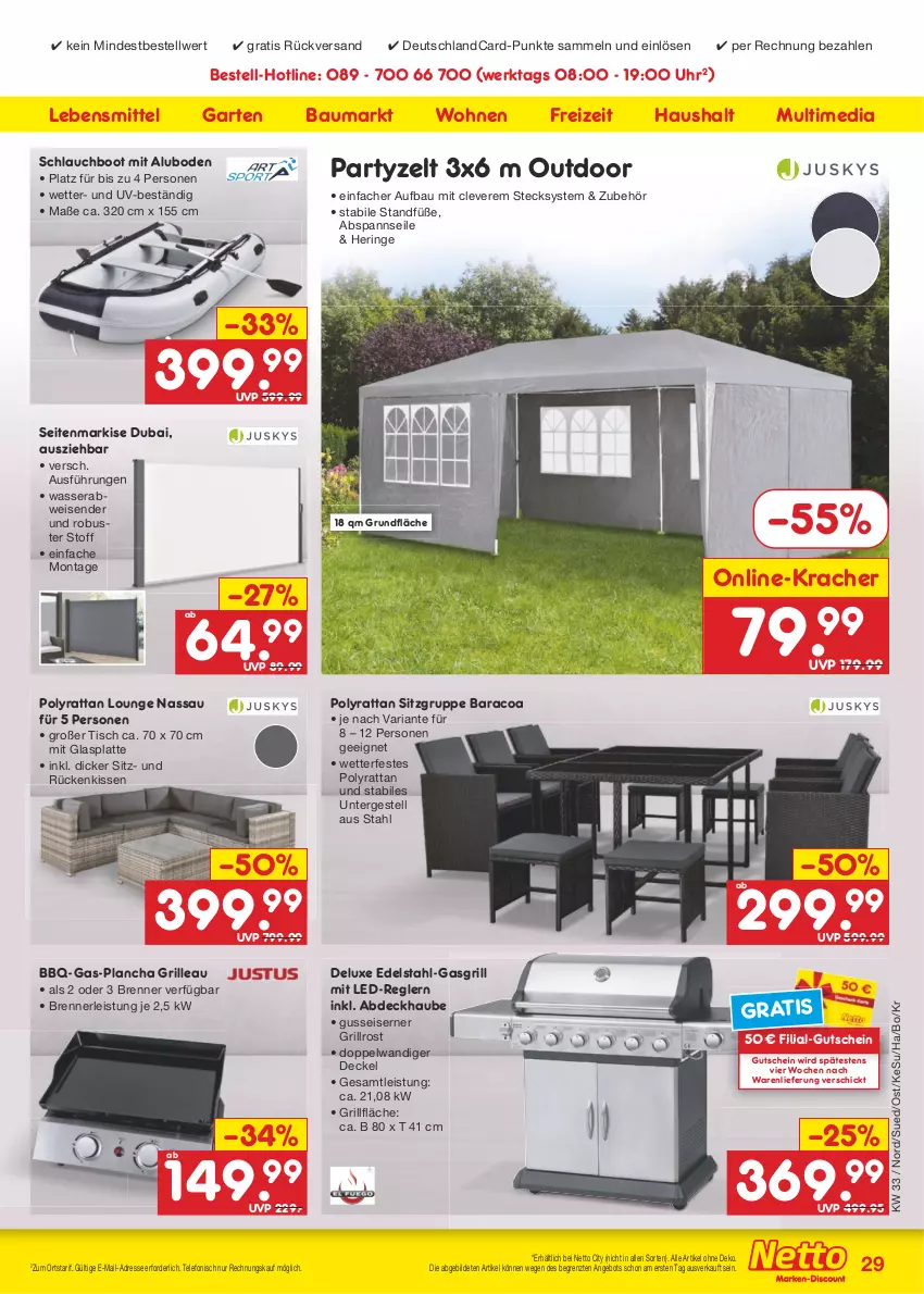 Aktueller Prospekt Netto Marken-Discount - Filial-Angebote - von 14.08 bis 19.08.2023 - strona 33 - produkty: abdeckhaube, angebot, Bau, decke, Deckel, deutschlandcard, edelstahl, eis, Garten, gasgrill, glasplatte, grill, grillfläche, grillrost, gutschein, hering, kissen, kracher, latte, lebensmittel, Ria, ring, Rückenkissen, schlauch, Seitenmarkise, telefon, Ti, tisch, uhr, wasser, Zelt, ZTE