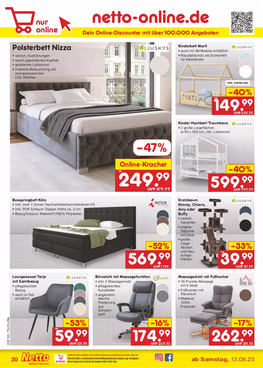 Aktueller Prospekt Netto Marken-Discount - Filial-Angebote - von 14.08 bis 19.08.2023 - strona 34 - produkty: angebot, angebote, Bau, beleuchtung, bett, bettkasten, boxspringbett, chia, discount, eis, federkern, federkernmatratze, gefu, hochbett, hocker, kernmatratze, Kinder, Kinderbett, kracher, Kratzbaum, latte, lattenrost, Liege, loungesessel, matratze, matratzen, ndk, polsterbett, reifen, reis, Ria, ring, sessel, stuhl, Tasche, taschen, taschenfederkernmatratze, Ti, topper