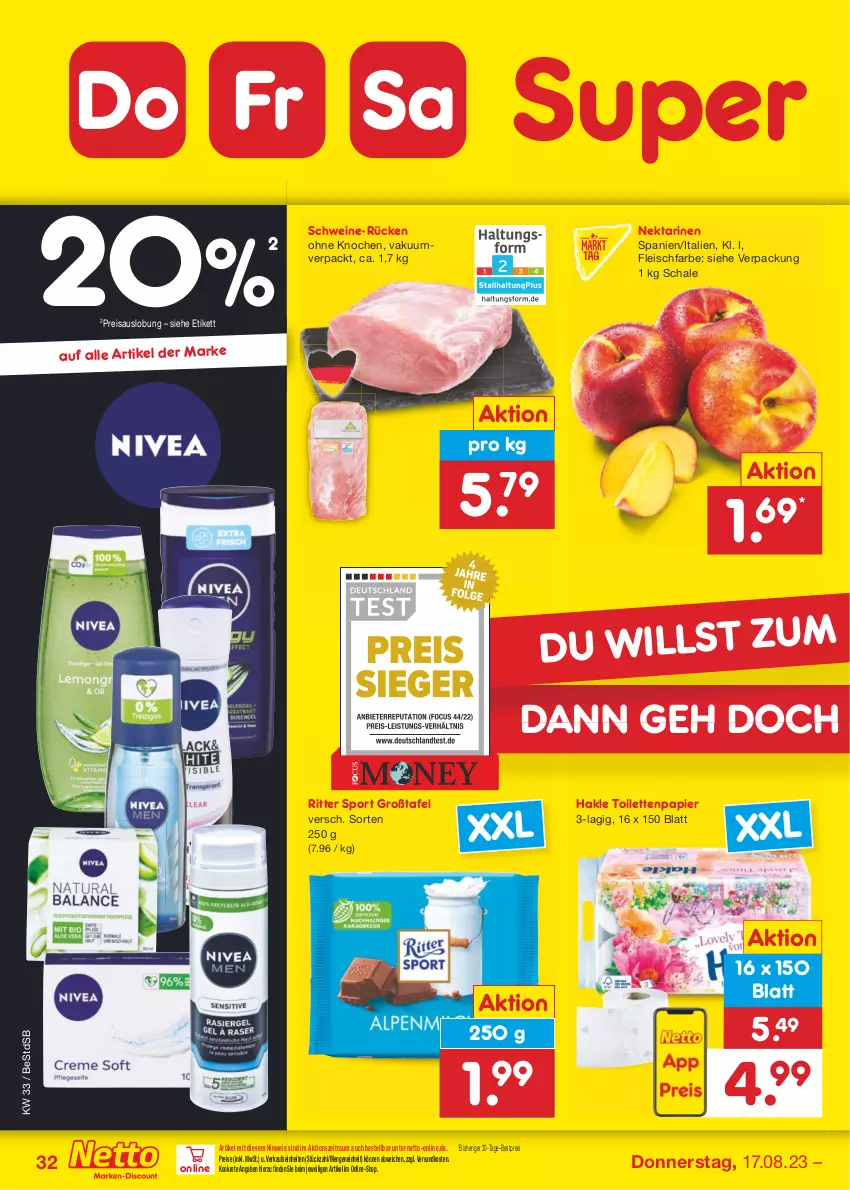 Aktueller Prospekt Netto Marken-Discount - Filial-Angebote - von 14.08 bis 19.08.2023 - strona 36 - produkty: bestpreis, eis, fleisch, hakle, hakle toilettenpapier, ndk, Nektar, nektarinen, papier, reis, ritter, ritter sport, Schal, Schale, schwein, schweine, Sport, Ti, toilettenpapier, wein, weine