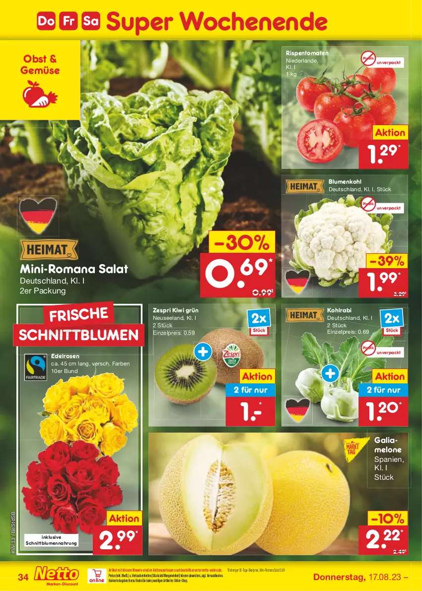 Aktueller Prospekt Netto Marken-Discount - Filial-Angebote - von 14.08 bis 19.08.2023 - strona 38 - produkty: asti, bestpreis, blume, blumen, blumenkohl, eis, Elan, galiamelone, kiwi, kohlrabi, melone, ndk, obst, reis, rispentomaten, rosen, salat, Ti, tomate, tomaten, zespri