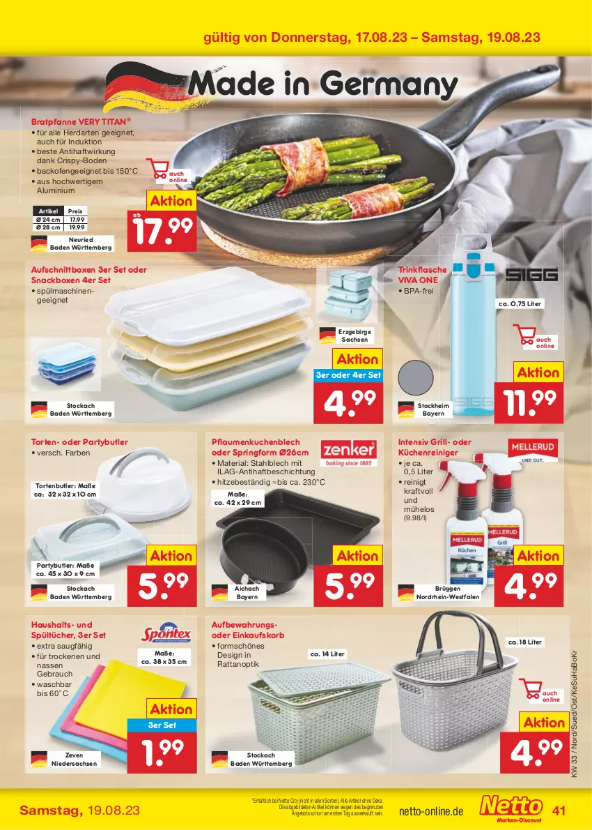 Aktueller Prospekt Netto Marken-Discount - Filial-Angebote - von 14.08 bis 19.08.2023 - strona 45 - produkty: angebot, aufschnitt, backofen, Bad, bratpfanne, einkaufskorb, eis, flasche, Germ, grill, herdarten, ilag, korb, kraft, küche, kuchen, Küchen, Ofen, pfanne, pflaume, pflaumen, Rauch, reiniger, reis, Ria, ring, sac, snack, Springform, spülmaschinen, Ti, torte, trinkflasche, tücher, ZTE