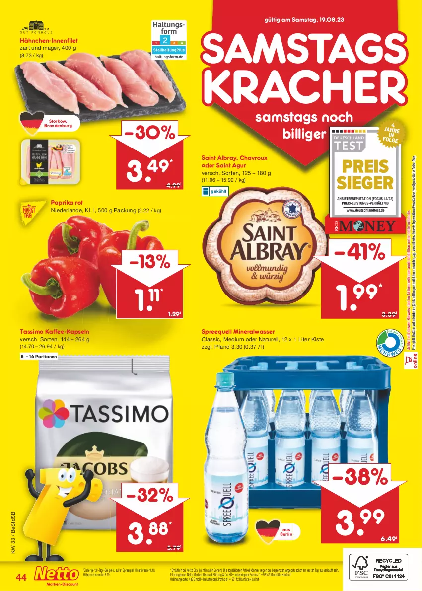 Aktueller Prospekt Netto Marken-Discount - Filial-Angebote - von 14.08 bis 19.08.2023 - strona 48 - produkty: albray, Alwa, angebot, angebote, bestpreis, chavroux, discount, eis, filet, Holz, kaffee, kaffee-kapseln, kracher, marken-discount, mineralwasser, natur, ndk, paprika, paprika rot, reis, rel, Saint Agur, saint albray, sim, Spreequell, tassimo, Ti, wasser, ZTE