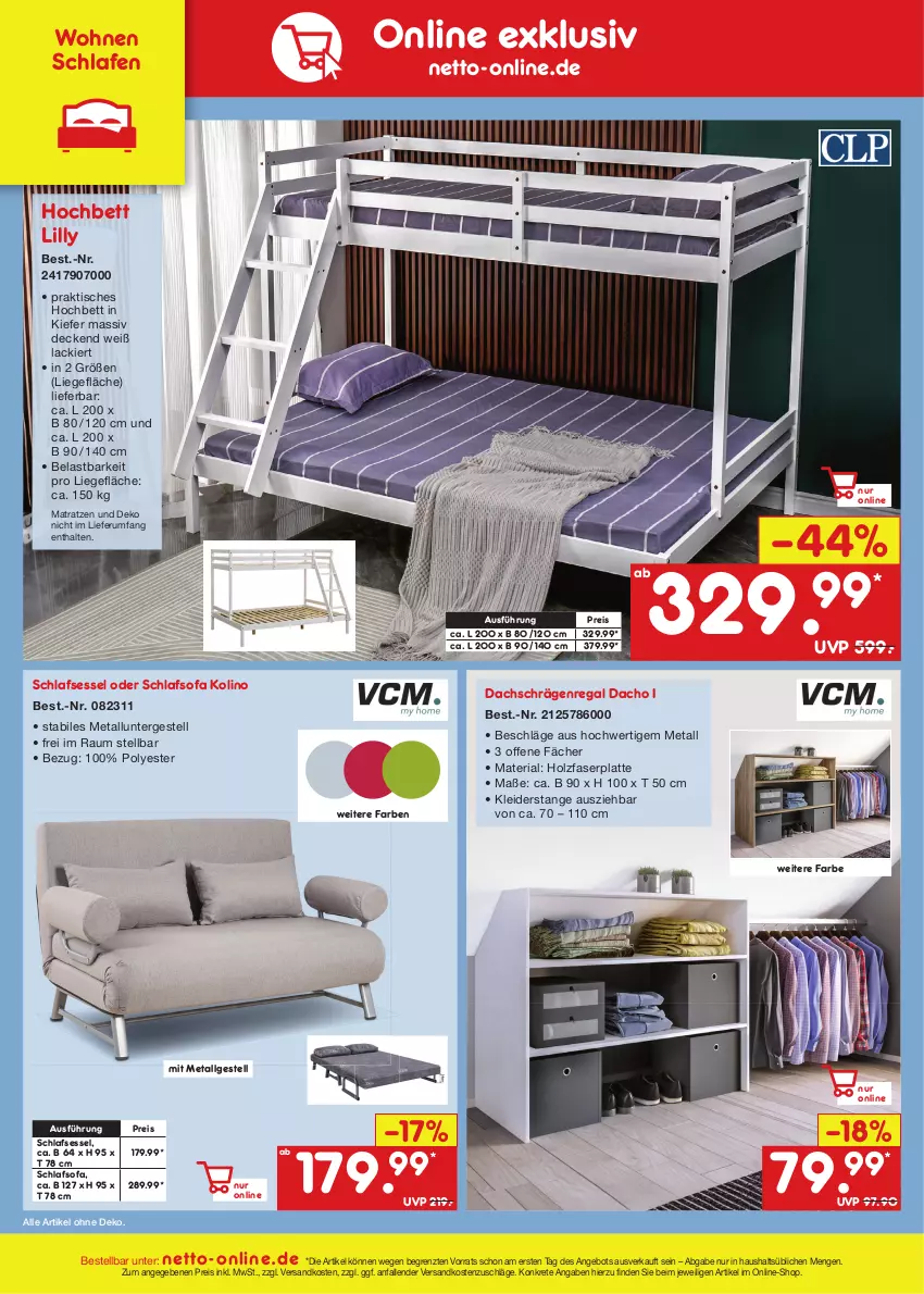 Aktueller Prospekt Netto Marken-Discount - Filial-Angebote - von 14.08 bis 19.08.2023 - strona 52 - produkty: angebot, bett, decke, eis, hochbett, Holz, kleid, kleider, lack, latte, LG, Liege, matratze, matratzen, ndk, regal, reis, Ria, rum, schlafsofa, sessel, Sofa, Ti, tisch, ZTE