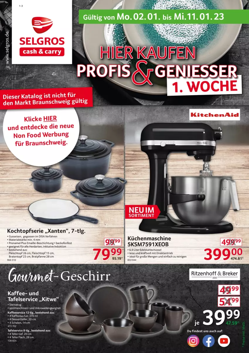 Aktueller Prospekt Selgros - Nonfood - von 02.01 bis 11.01.2023 - strona 1 - produkty: backofen, Becher, braten, Bratentopf, bratpfanne, braun, decke, dessert, Dessertteller, edelstahl, eis, elle, fleisch, Fleischtopf, herdarten, kaffee, kaffeebecher, Kochtopf, kraft, küche, Küchen, küchenmaschine, LG, maille, Ofen, pfanne, Ria, Schal, Schale, schüssel, teller, Ti, topf