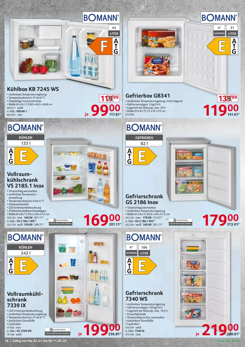 Aktueller Prospekt Selgros - Nonfood - von 02.01 bis 11.01.2023 - strona 16 - produkty: abtauautomatik, auto, beleuchtung, bomann, eis, eiswürfel, Gefrierbox, gefrierschrank, kühlbox, kühlschrank, Liege, Schal, Schale, Schrank, Stier, Ti, türanschlag wechselbar, würfel