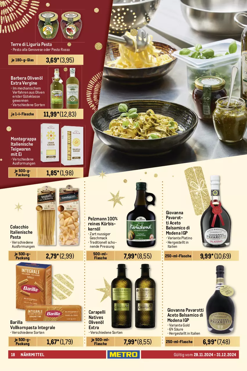 Aktueller Prospekt Metro - Feinkost Spezial - von 28.11 bis 31.12.2024 - strona 18 - produkty: ACC, aceto, aceto balsamico, balsam, balsamico, barilla, beutel, bio, cola, flasche, genovese, gewürz, gin, grappa, händlmaier, Hausmacher, italienische pasta, konfitüre, korn, Krebs, Kürbis, Kürbiskernöl, mac, meerrettich, meersalz, Mode, monte, natives olivenöl, nuss, olive, oliven, olivenöl, olivenöl extra, pasta, pesto, Rettich, Ria, salz, sauce, saucen, schamel, senf, suppe, suppen, teigwaren, Ti, Trüffel, vanille