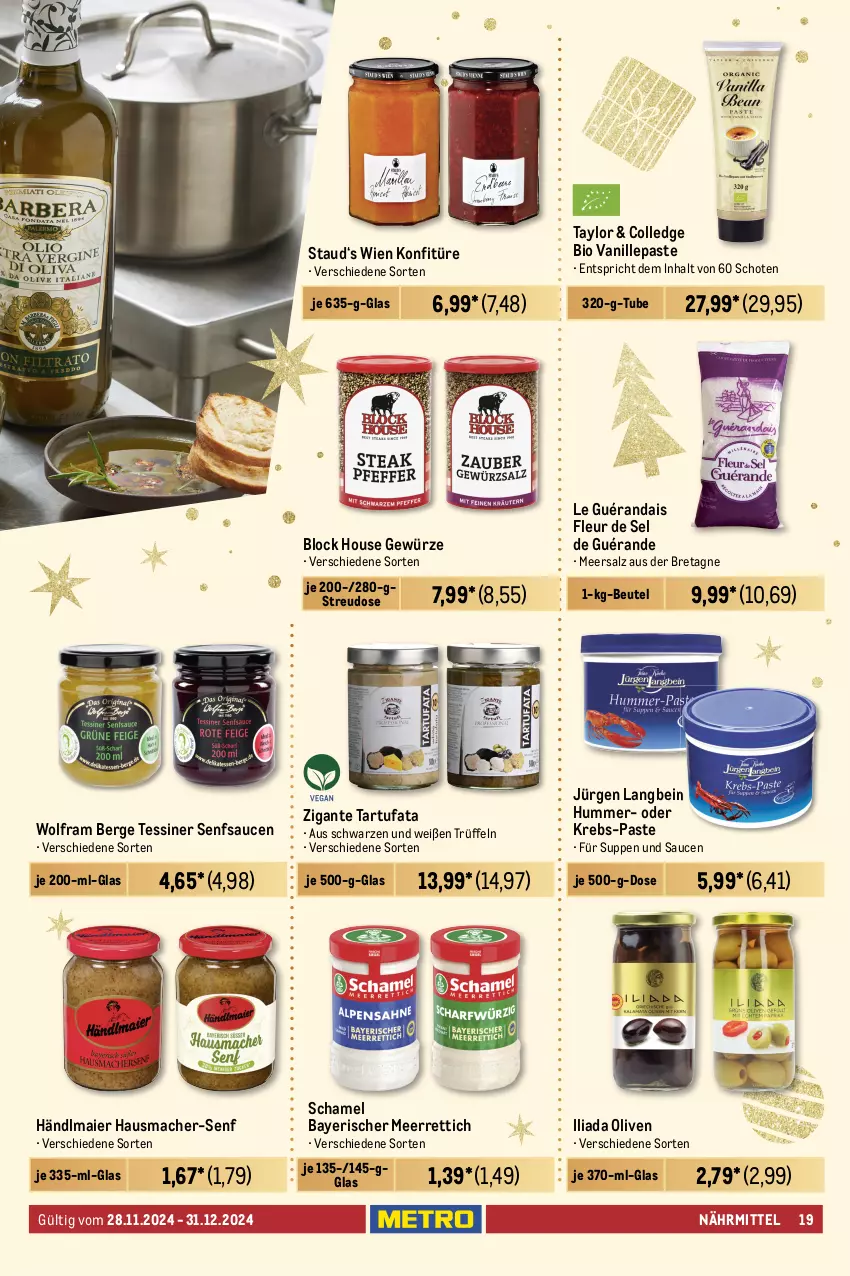 Aktueller Prospekt Metro - Feinkost Spezial - von 28.11 bis 31.12.2024 - strona 19 - produkty: ACC, aceto, aceto balsamico, balsam, balsamico, barilla, beutel, bio, cola, flasche, genovese, gewürz, gin, grappa, händlmaier, Hausmacher, italienische pasta, konfitüre, korn, Krebs, Kürbis, Kürbiskernöl, mac, meerrettich, meersalz, Mode, monte, natives olivenöl, nuss, olive, oliven, olivenöl, olivenöl extra, pasta, pesto, Rettich, Ria, salz, sauce, saucen, schamel, senf, suppe, suppen, teigwaren, Ti, Trüffel, vanille