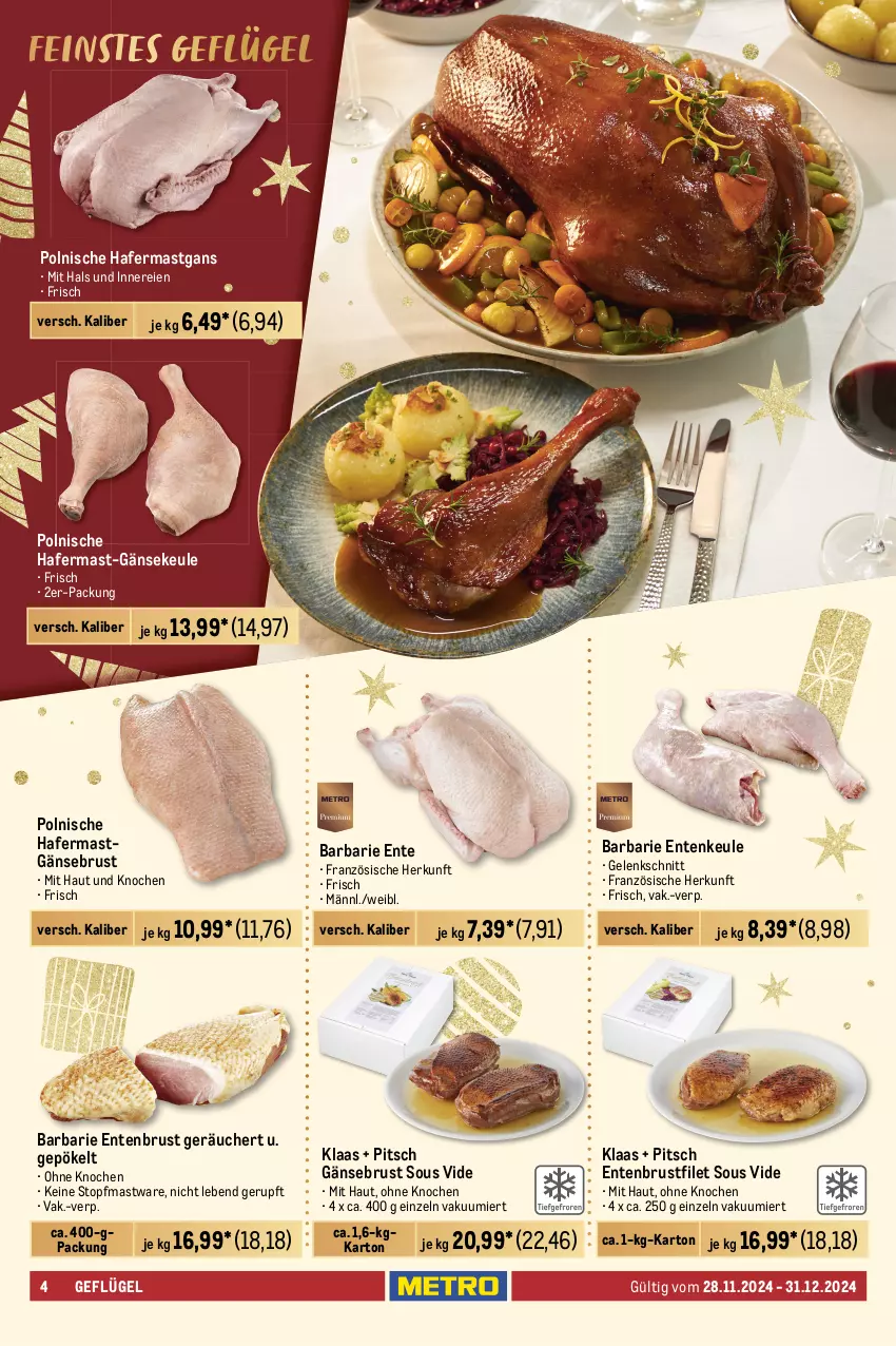 Aktueller Prospekt Metro - Feinkost Spezial - von 28.11 bis 31.12.2024 - strona 4 - produkty: brustfilet, ente, Entenbrust, Entenkeule, filet, Gänsebrust, Geflügel, hafer, mais, pute, Ti, topf