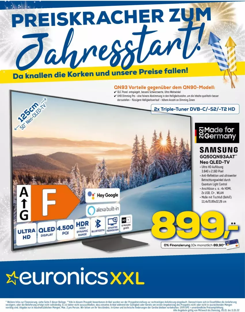 Aktueller Prospekt Euronics - Prospekte - von 05.01 bis 12.01.2022 - strona 1 - produkty: angebot, dvb, eis, elle, gsw, HDMI, kracher, LG, qled, qled-tv, reis, Samsung, spiegel, Ti, tisch, toast, tuner, uhd, usb