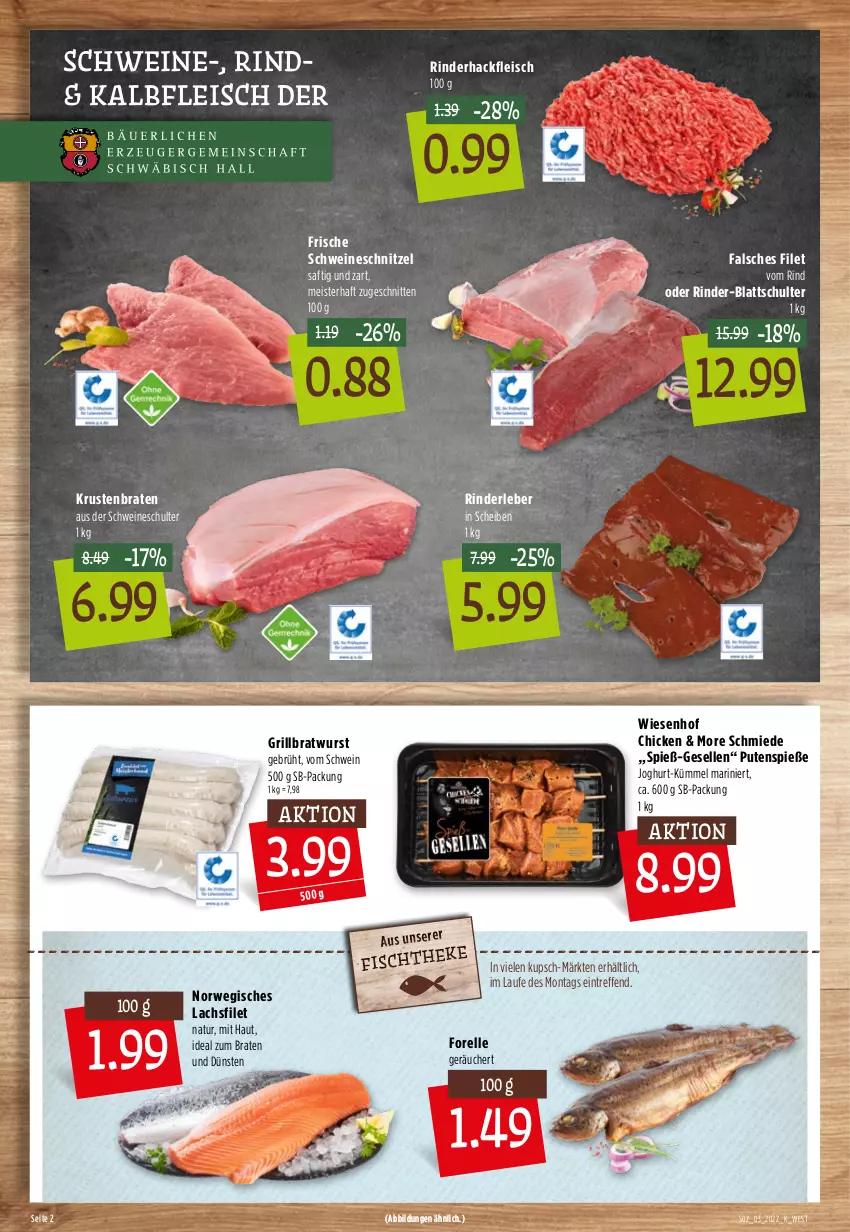 Aktueller Prospekt Kupsch - Angebote der Woche - von 17.01 bis 22.01.2022 - strona 4 - produkty: braten, bratwurst, eis, elle, Falsches Filet, filet, fisch, fleisch, forelle, grill, grillbratwurst, hackfleisch, ideal zum braten, joghur, joghurt, Kalbfleisch, krustenbraten, lachs, lachsfilet, Meister, natur, pute, rel, rind, rinder, rinderhackfleisch, Rinderleber, rwe, saft, schnitten, schnitzel, schwein, schweine, schweineschnitzel, Ti, wein, weine, wiesenhof, wurst