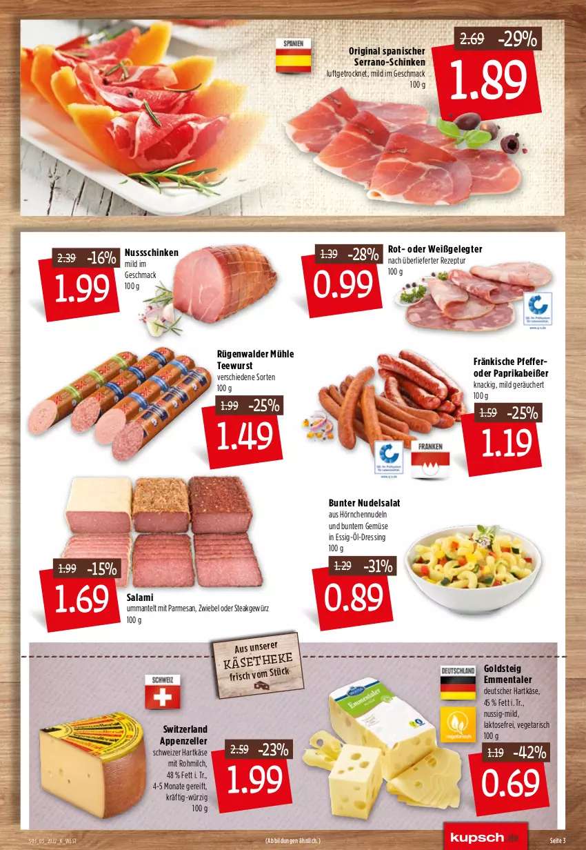 Aktueller Prospekt Kupsch - Angebote der Woche - von 17.01 bis 22.01.2022 - strona 5 - produkty: appenzeller, dressing, elle, emmentaler, essig, gewürz, gin, goldsteig, hartkäse, hörnchen, Käse, mac, Mantel, milch, nudel, nudeln, nudelsalat, nuss, paprika, pfeffer, rezept, rügenwalder, rügenwalder mühle, salami, salat, schinken, schweizer hartkäse, serrano, steak, tee, teewurst, Ti, Vegeta, wurst, zwiebel