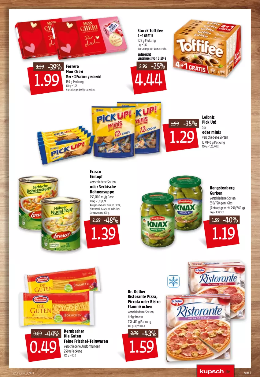 Aktueller Prospekt Kupsch - Angebote der Woche - von 17.01 bis 22.01.2022 - strona 7 - produkty: ACC, bernbacher, bohne, bohnen, chili, cola, curry, Dr. Oetker, eintopf, eis, erasco, ferrero, flammkuchen, gurke, gurken, hengstenberg, Hengstenberg Gurken, Käse, kuchen, lamm, leibniz, mac, Mon Chéri, Pick Up!, pizza, pralinen, reis, ristorante, ristorante pizza, storck, suppe, teigwaren, Ti, toffifee, topf