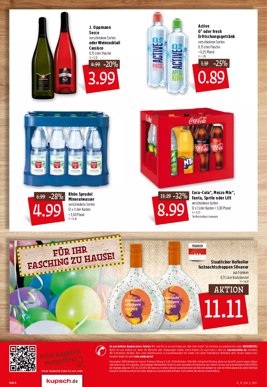 Aktueller Prospekt Kupsch - Angebote der Woche - von 17.01 bis 22.01.2022 - strona 8 - produkty: Alwa, angebot, angebote, beutel, cassis, coca-cola, cocktail, cola, deka, ecco, eis, elle, ente, erfrischungsgetränk, fanta, flasche, getränk, limo, limonade, Mezzo Mix, mineralwasser, ring, sac, silvaner, sprite, Sprudel, telefon, Ti, wasser, wein