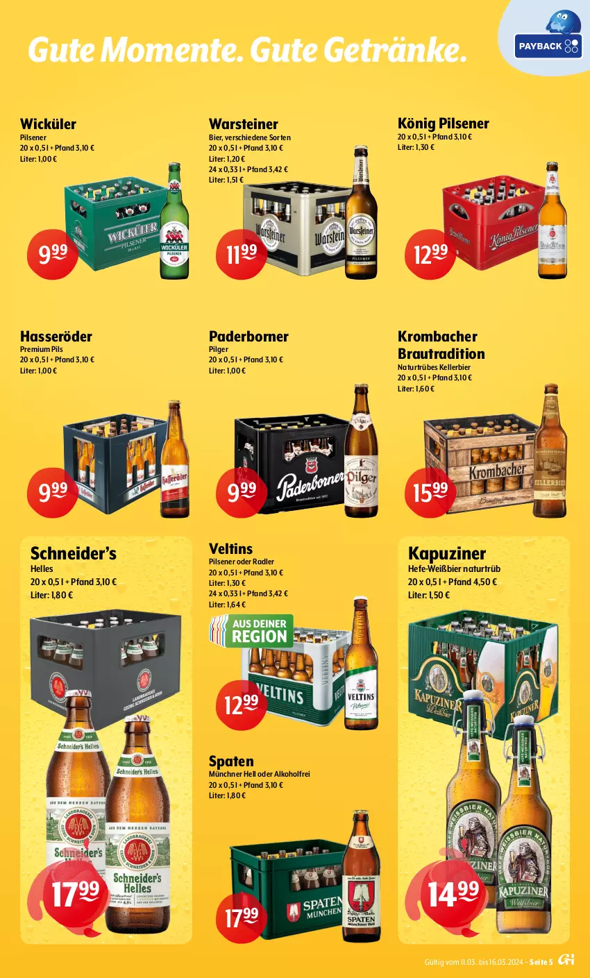 Aktueller Prospekt Getraenke Hoffmann - Prospekte - von 11.03 bis 16.03.2024 - strona 5 - produkty: alkohol, bier, elle, ente, getränk, getränke, hasseröder, Hefe, kellerbier, könig pilsener, krombache, krombacher, LG, natur, oder radler, pils, pilsener, premium pils, radler, Spaten, steiner, Ti, veltins, veltins pilsener, warsteiner, WICK