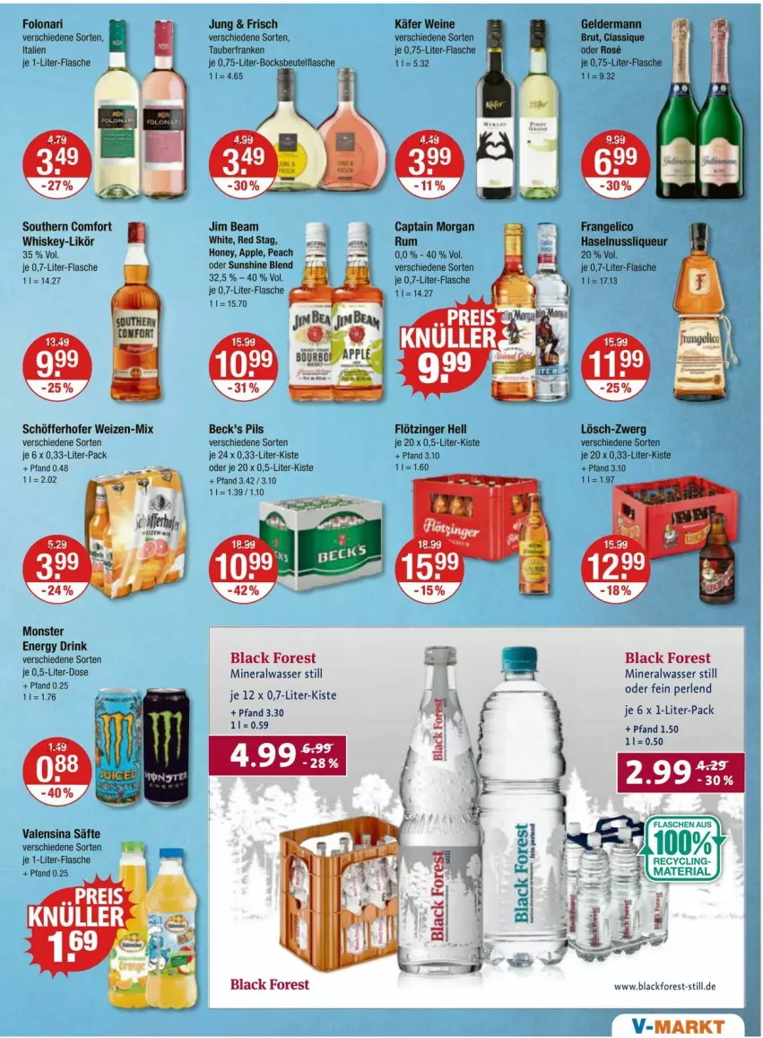 Aktueller Prospekt Vmarkt - Prospekte - von 21.03 bis 27.03.2024 - strona 9 - produkty: Alwa, Apple, beck's, beutel, black forest, brut, Cap, captain morgan, Clin, drink, energy drink, flasche, frangelico, geldermann, haselnuss, je 1-liter-flasche, jim beam, käfer, lack, likör, liqueur, mineralwasser, Mineralwasser Still, monster, Monster Energy, nuss, perlen, pils, Ria, rum, säfte, schöfferhofer, Southern Comfort, sunshine, Ti, valensina, wasser, wein, weine, whiskey