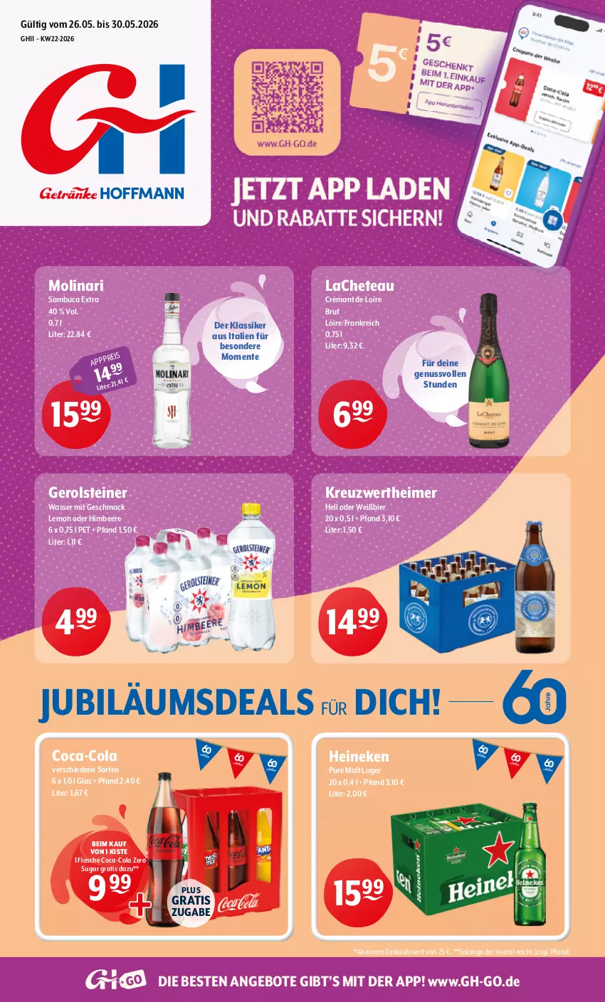 Aktueller Prospekt Getraenke Hoffmann - Prospekte - von 26.05 bis 30.05.2026 - strona 1 - produkty: angebot, angebote, beere, bier, brut, coca-cola, cola, crémant de loire, eimer, eis, ente, flasche, gerolsteine, gerolsteiner, heineken, himbeer, himbeere, Jubiläums, mac, Molinari, nuss, sambuca, steiner, Ti, wasser