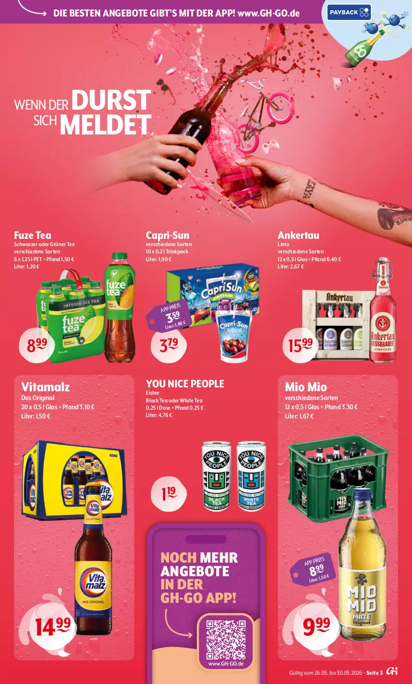 Aktueller Prospekt Getraenke Hoffmann - Prospekte - von 26.05 bis 30.05.2026 - strona 3 - produkty: angebot, angebote, Cap, capri-sun, eis, eistee, fuze tea, gin, grüner tee, lack, limo, malz, Mio Mio, tee, Ti, vita, vitamalz, Yo
