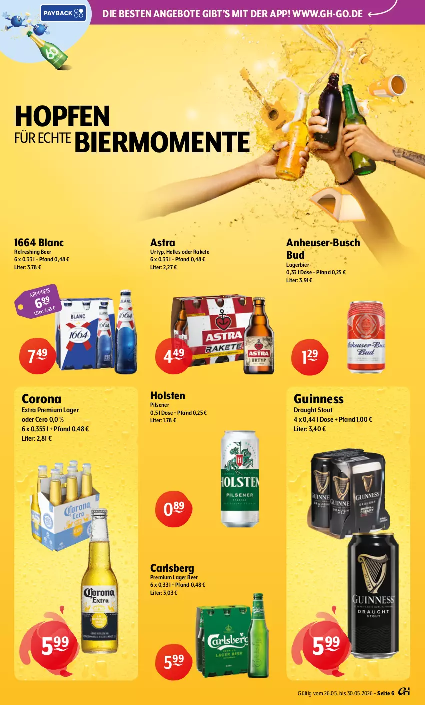 Aktueller Prospekt Getraenke Hoffmann - Prospekte - von 26.05 bis 30.05.2026 - strona 6 - produkty: angebot, angebote, Astra, bier, carlsberg, corona, corona extra, eis, elle, ente, Guinness, Heu, holsten, holsten pilsener, Lagerbier, pils, pilsener, Ti, urtyp
