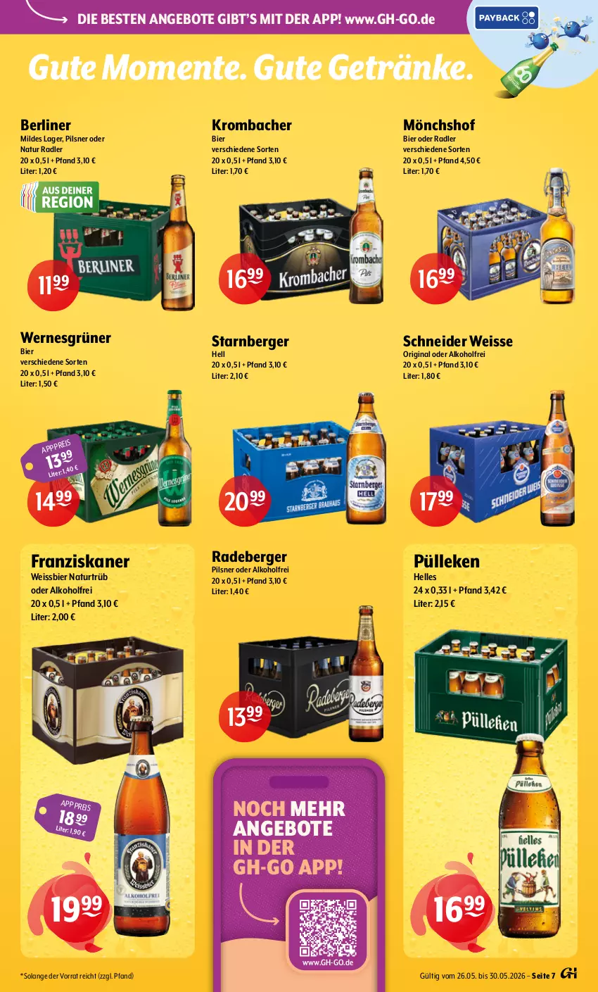 Aktueller Prospekt Getraenke Hoffmann - Prospekte - von 26.05 bis 30.05.2026 - strona 7 - produkty: alkohol, angebot, angebote, Berger, berliner, bier, eis, elle, ente, franziskaner, getränk, getränke, gin, krombache, krombacher, mönchshof, natur, natur radler, oder radler, pils, pilsner, radeberger, radler, Ti, weissbier