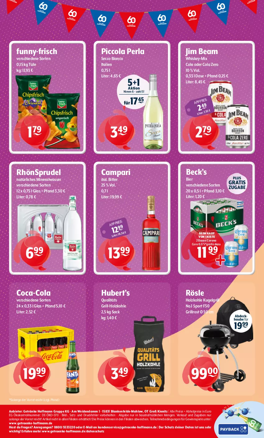 Aktueller Prospekt Getraenke Hoffmann - Prospekte - von 26.05 bis 30.05.2026 - strona 8 - produkty: abholpreise, Alwa, bier, campari, coca-cola, cola, corona, ecco, eis, funny-frisch, getränk, getränke, gewinnspiel, grill, grill-holzkohle, grillrost, Holz, holzkohle, jim beam, Kugel, kugelgrill, LG, mineralwasser, natürliches mineralwasser, perla, reis, RhönSprudel, rösle, sac, Spiele, Sport, Sprudel, Ti, Tüte, wasser, whiskey
