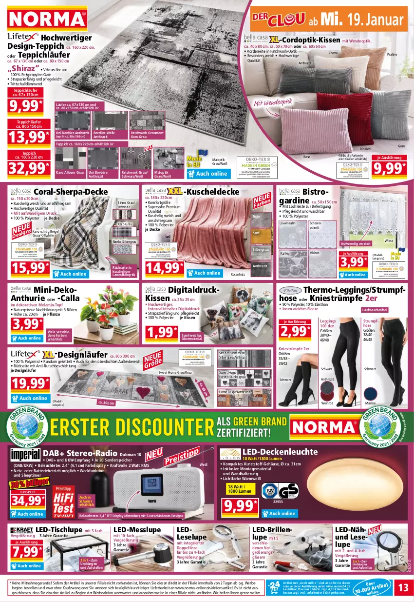 Aktueller Prospekt Norma - Norma - von 17.01 bis 24.01.2022 - strona 13 - produkty: batterie, Bebe, Blüte, Brille, Coral, creme, decke, deckenleuchte, dell, deo, eis, elle, enders, gin, Gläser, Holz, hose, kaffee, Kette, kissen, kraft, kuscheldecke, lamm, Läufer, led-deckenleuchte, leggings, Leuchte, LG, Mode, natur, ndk, pflanze, Radio, reifen, reis, Ria, rosen, rum, Schal, Schere, senf, Spiele, strümpfe, Strumpfhose, teppich, Ti, timer, tisch, topf, wandhalterung, weck, wein