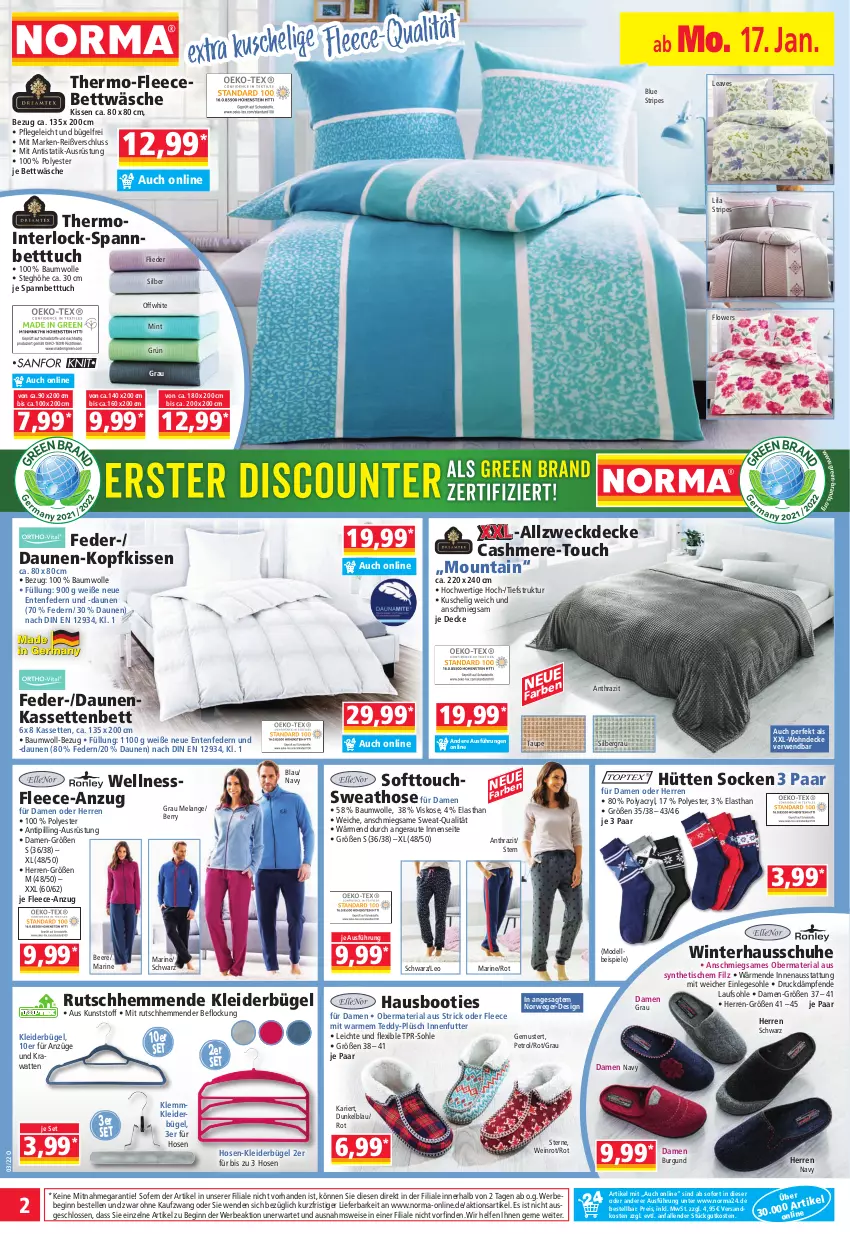 Aktueller Prospekt Norma - Norma - von 17.01 bis 24.01.2022 - strona 2 - produkty: Anzug, Bau, baumwolle, Bebe, beere, bett, Betttuch, bettwäsche, Booties, bügel, cashmere, decke, dell, eis, Elan, elle, ente, flieder, Flowers, gin, Hausschuhe, hose, hosen, kissen, kleid, kleider, kleiderbügel, kopfkissen, mint, Mode, ndk, Plüsch, reis, Ria, rwe, schuhe, socken, spannbetttuch, Spiele, Sweathose, Ti, Tipi, tisch, tuc, usb, weck, wein, wolle