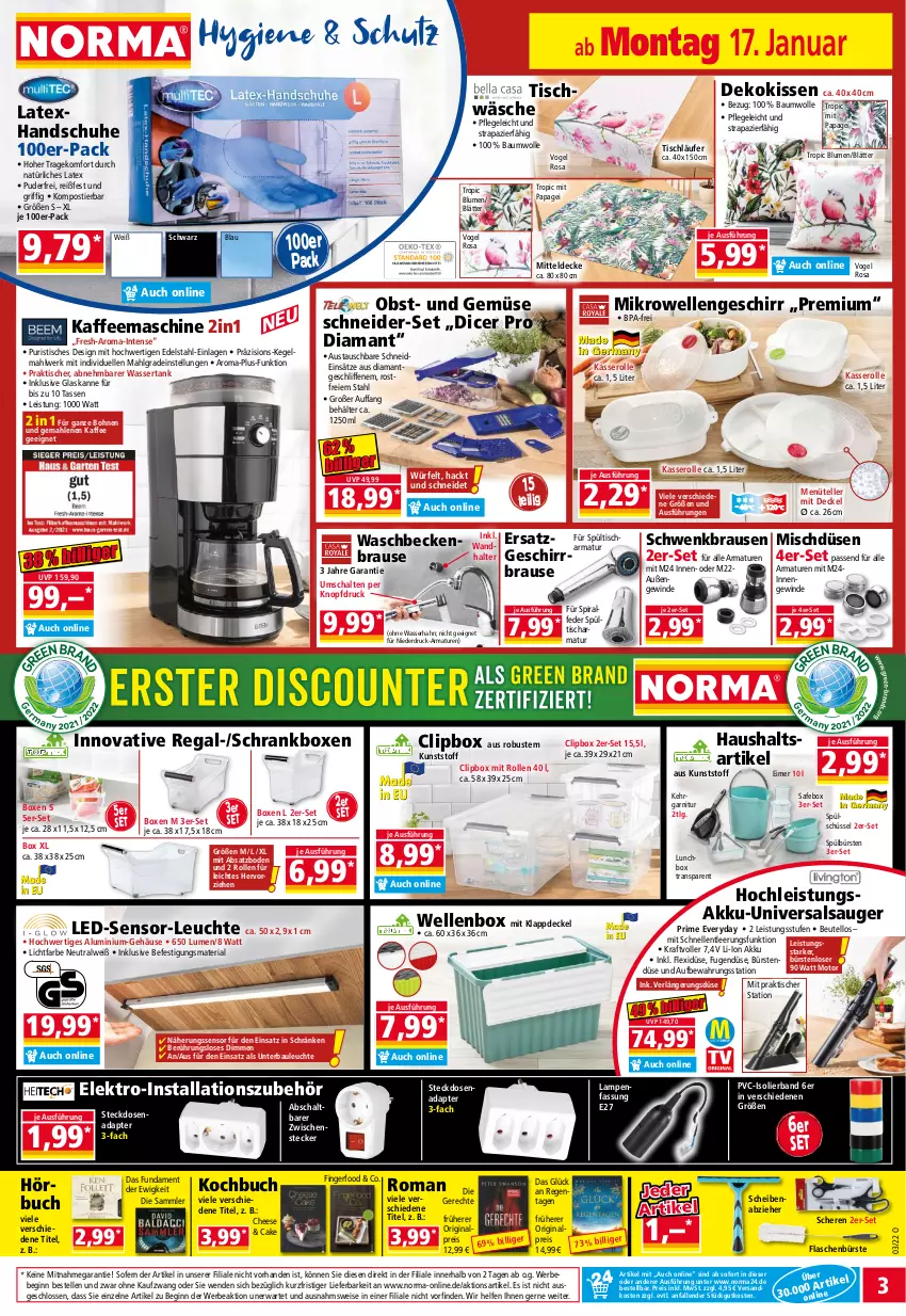 Aktueller Prospekt Norma - Norma - von 17.01 bis 24.01.2022 - strona 3 - produkty: adapter, akku, armatur, armaturen, aust, Bau, baumwolle, Bebe, Behälter, beutel, blume, blumen, bohne, bohnen, brause, buch, bürste, bürsten, decke, Deckel, dekokissen, edelstahl, eimer, eis, Elektro, elle, flasche, garnitur, geschirr, gin, handschuhe, kaffee, kaffeemaschine, Kehrgarnitur, kissen, kraft, Lampe, Läufer, Leuchte, LG, lunchbox, mikrowelle, mitteldecke, ndk, obst, passend für alle, regal, reis, Ria, Salsa, Schal, Schere, Schrank, schuhe, schüssel, Spültischarmatur, steckdose, Steckdosenadapter, Stier, tasse, teller, Ti, tisch, tischläufer, und gemüse, waschbecken, wasser, wassertank, wolle, würfel