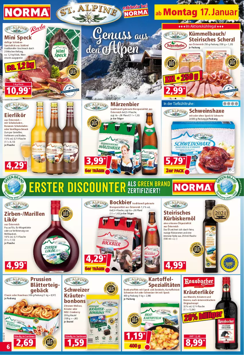 Aktueller Prospekt Norma - Norma - von 17.01 bis 24.01.2022 - strona 6 - produkty: axe, banane, bananen, Bau, beere, beeren, beutel, bier, blätterteig, bonbons, cranberry, eier, eierlikör, eis, elle, flasche, getränk, getränke, gin, haselnuss, Haxe, kartoffel, kartoffeln, kräuter, kräuterlikör, kräutern, kühlregal, Kümmelbauch, Kürbis, Kürbiskernöl, likör, mac, mehl, Mixgetränk, nuss, regal, reis, rezept, schinken, schoko, schokolade, schokoladen, schwein, Speck, Spezi, Ti, vanille, wein, zitrone, zitronen, zwiebel, zwiebeln