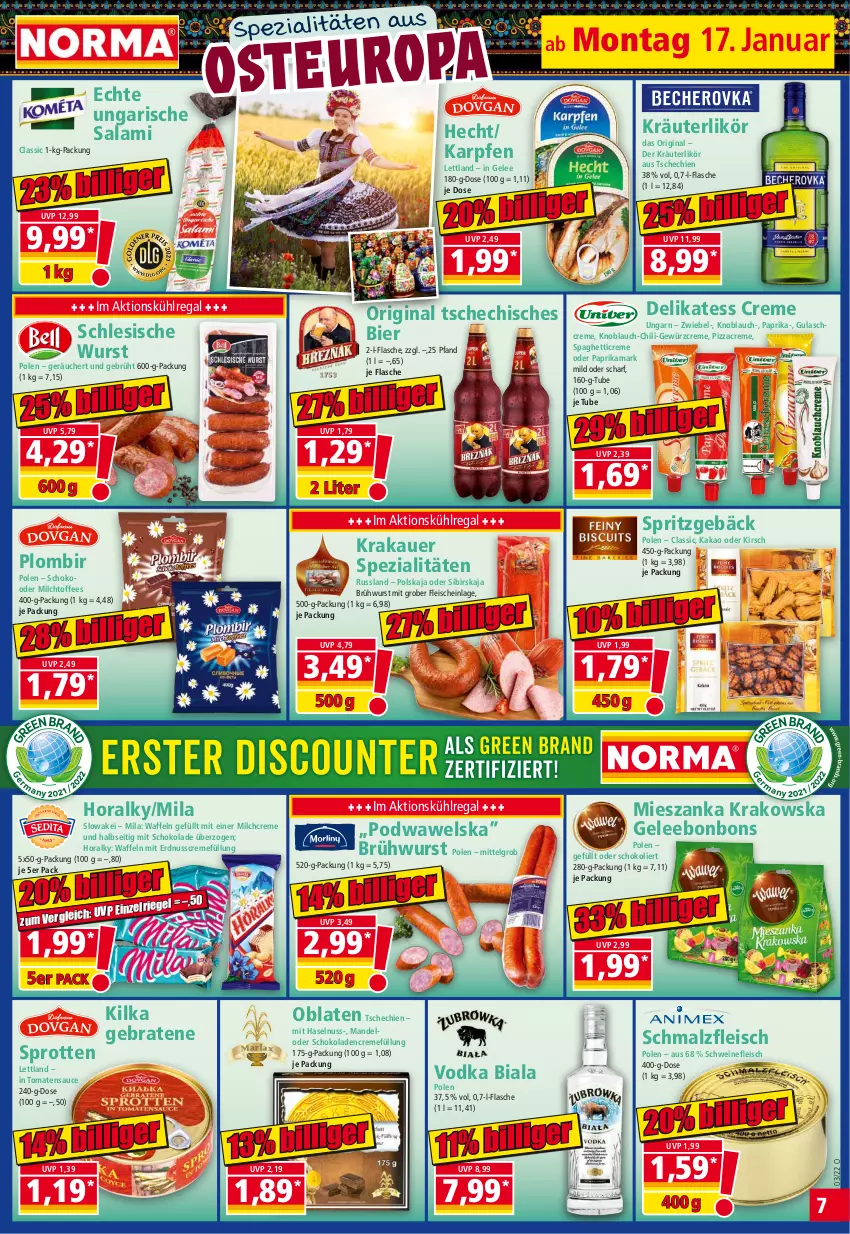 Aktueller Prospekt Norma - Norma - von 17.01 bis 24.01.2022 - strona 7 - produkty: auer, bier, bonbons, braten, Brühwurst, chili, creme, eis, erdnuss, flasche, fleisch, gelee, gewürz, Gewürzcreme, gin, gulasch, Gulaschcreme, haselnuss, kakao, kirsch, knoblauch, krakauer, kräuter, kräuterlikör, kühlregal, LG, likör, malz, mandel, milch, nuss, Oblaten, paprika, pizza, regal, riegel, salami, sauce, Schmalz, schoko, schokolade, schokoladen, schwein, schweine, schweinefleisch, spaghetti, Spezi, Sprotten, Ti, tomate, tomaten, tomatensauce, Ungarische Salami, vodka, waffeln, wein, weine, Wels, wurst, zwiebel